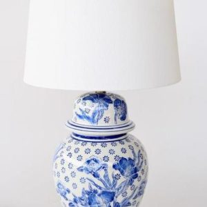 Blue and White Floral Lamp Base with Harp Shade 68 x 38 cm